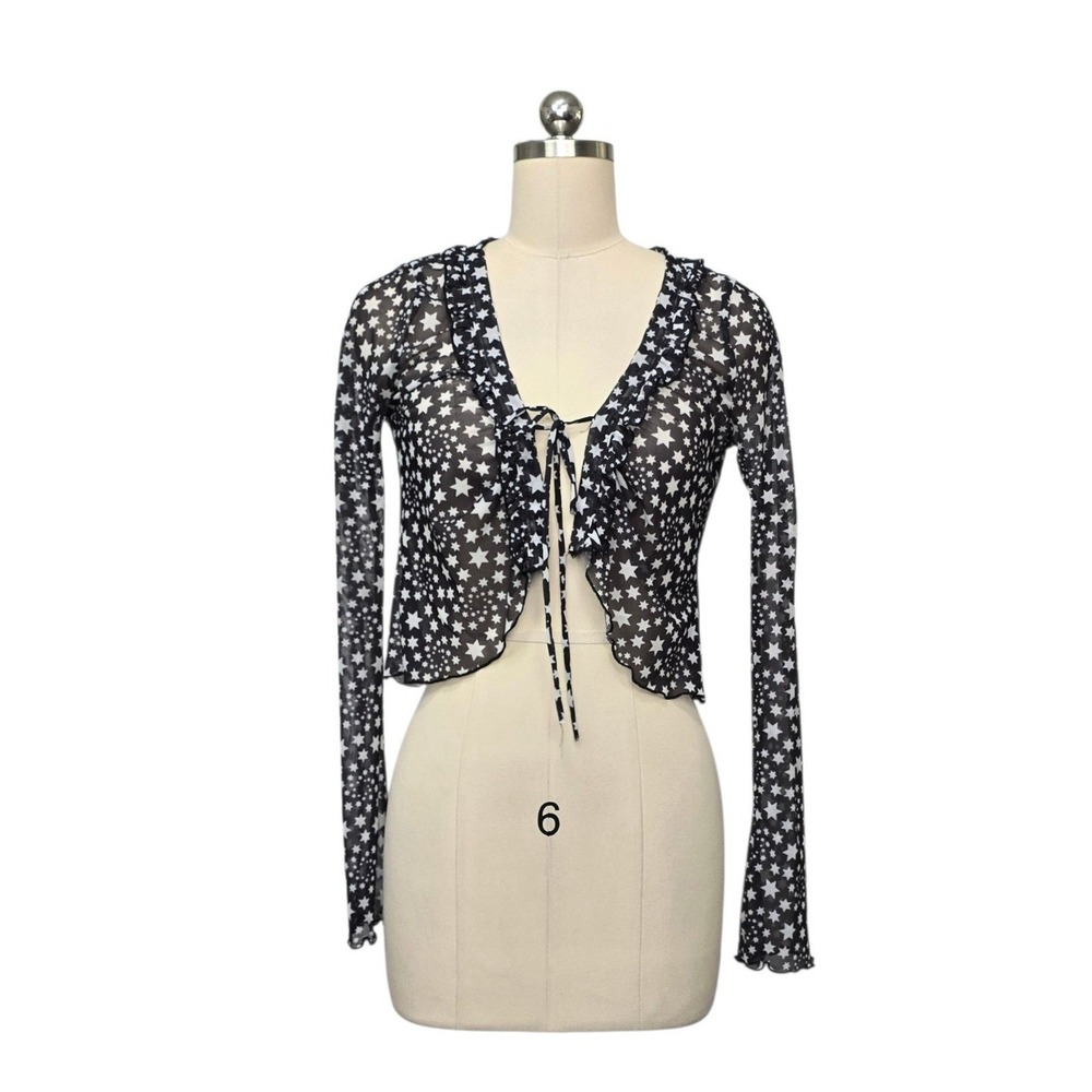 Free People Star Print Mesh Bolero Cardigan Black White Tie Front XS OB1264926